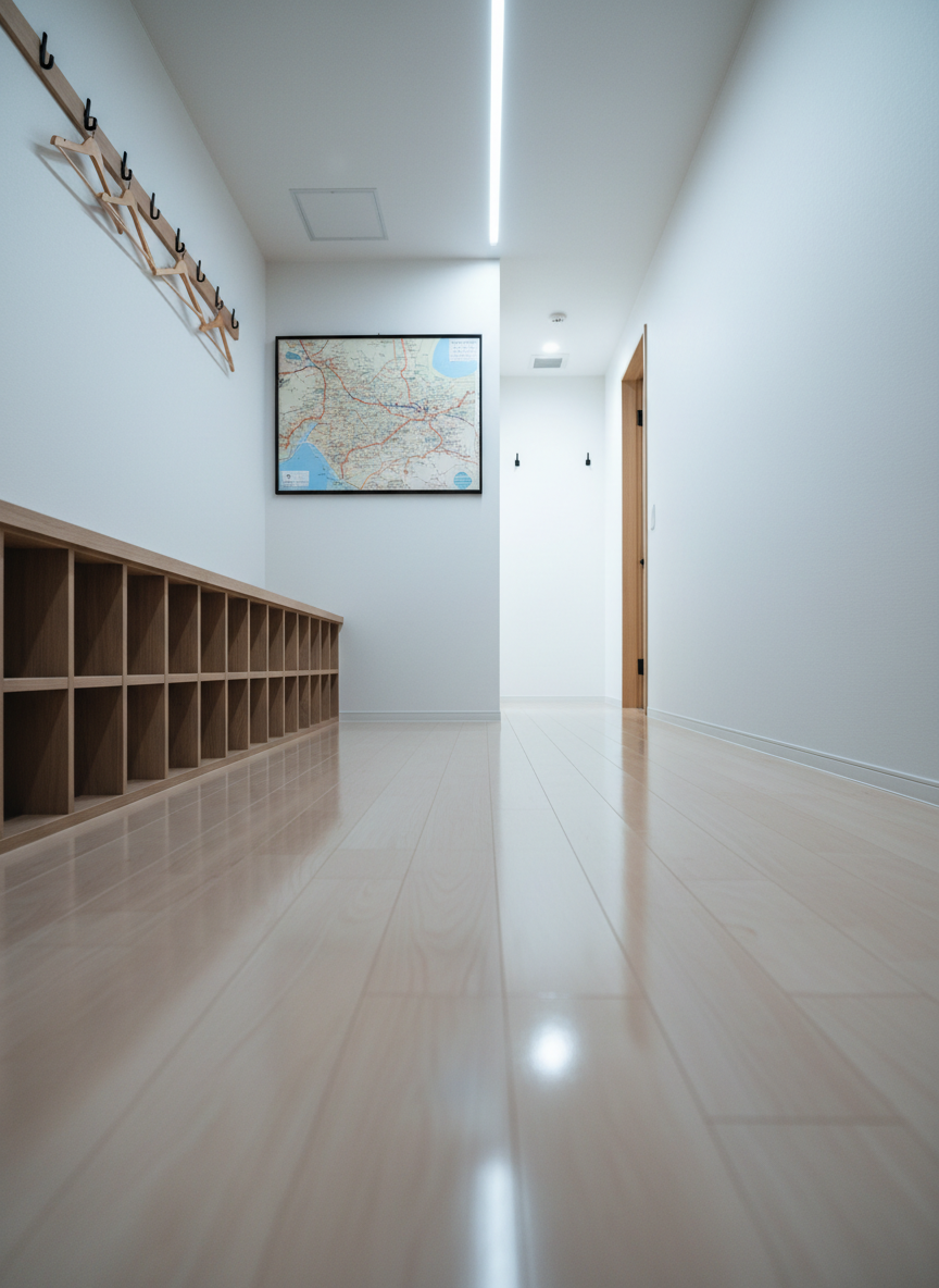 A polished, modern Japanese-style guest room entrance corridor, with smooth light-wood flooring, clean white walls, and a built-in wooden bench for ski boots lined with neat cubbies. Above the bench, minimalist black hooks hold a few empty wooden hangers beside a wall-mounted map of Nagano ski resorts rendered in subtle earth tones. Cool, diffused overhead lighting runs in a sleek strip along the ceiling, creating crisp, linear reflections on the floor. Shot in photographic realism from a low, vanishing-point perspective, the composition emphasizes depth and order, evoking a sense of efficiency, sophistication, and ease of arrival for guests preparing to explore the surrounding snow world.