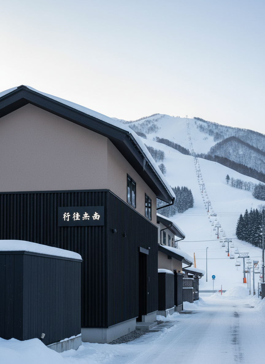 A refined exterior view of a small Japanese guesthouse named “行住坐卧,” featuring dark wooden slatted façades, soft beige stucco walls, and a simple black metal sign with the name in elegant kanji. The building sits quietly along a narrow snow-lined road in Nagano, with distant ski slopes and evergreen-covered mountains visible in the background. Early morning winter light creates a cool, diffused glow, gently illuminating the snow piled on the low fence and roof eaves. Shot at eye level with photographic realism, the composition uses the rule of thirds to balance the house and the serene snowy landscape, conveying a sophisticated yet welcoming atmosphere suitable for a tranquil ski retreat.