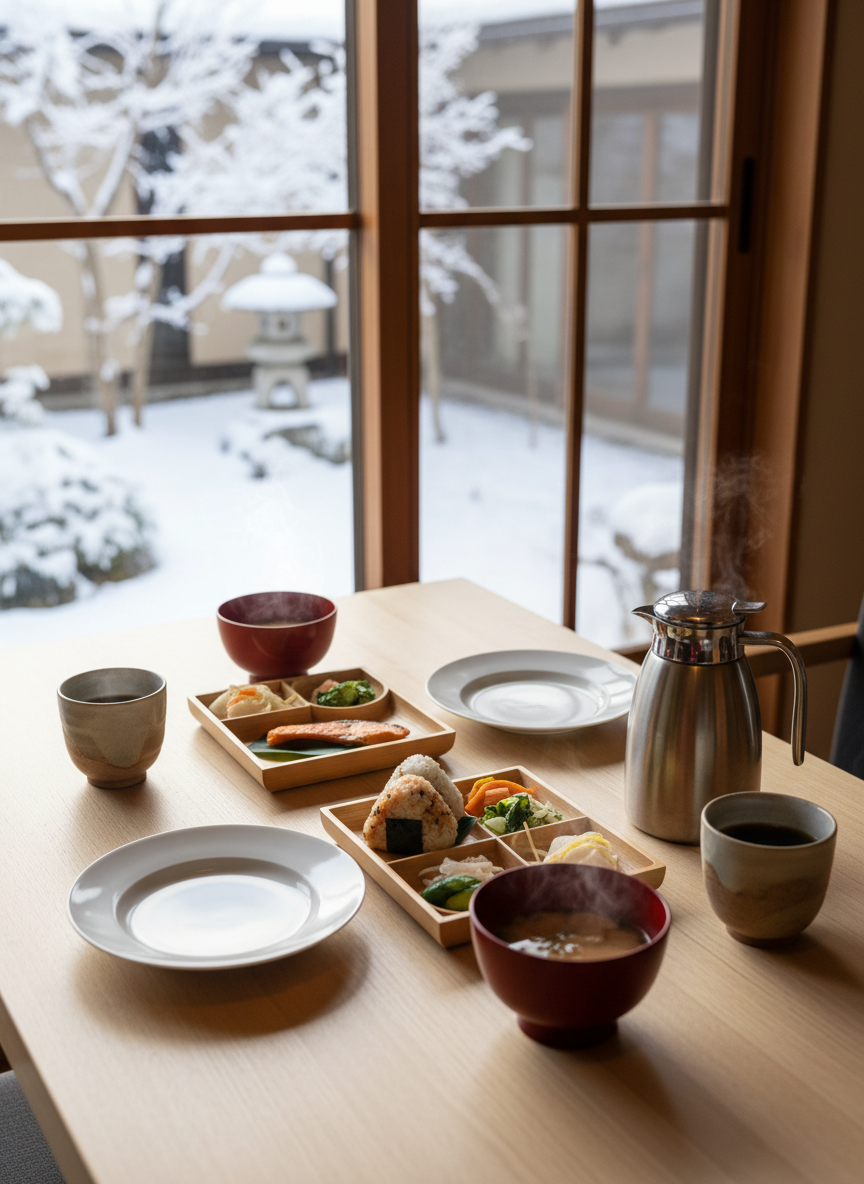 An elegant breakfast setting in a Nagano guesthouse dining nook, with a smooth natural-ash dining table positioned beside a large window overlooking a serene, snow-covered courtyard. On the table rest simple white porcelain plates, small lacquered bowls, a bamboo tray with neatly arranged onigiri, grilled fish, and pickles, and a stainless steel coffee carafe next to minimalist stoneware cups. Soft morning light streams through the window, catching the steam rising from miso soup and coffee, and creating subtle highlights on the lacquer and ceramics. Photographic realism, framed from a slightly elevated angle with a shallow depth of field, focuses on the quiet luxury and understated sophistication of an unhurried winter morning in the mountains.