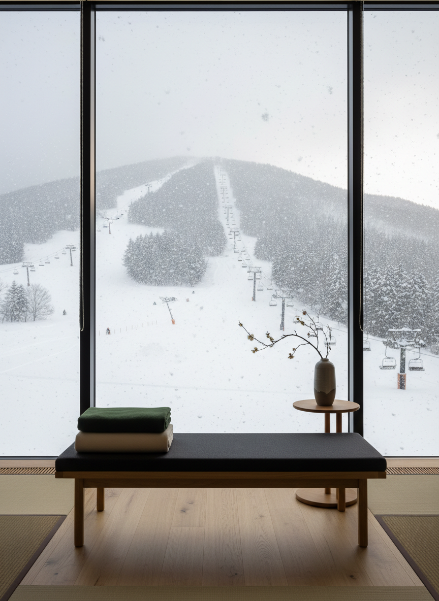 A serene view from inside a Nagano guesthouse looking out toward the ski slopes, captured through a wide floor-to-ceiling window. In the foreground, a low wooden bench with a dark cushion faces the glass, with a pair of neatly placed wool blankets and a small side table holding a single ikebana-style flower arrangement in a slender ceramic vase. Beyond the glass, gently falling snow softens the outlines of chairlifts and ski trails winding down the mountain. Late afternoon light diffused by overcast skies creates a soft, silvery tone. Photographic realism, shot from slightly behind the bench, emphasizes a contemplative, sophisticated mood that invites quiet observation of the snowy world outside.