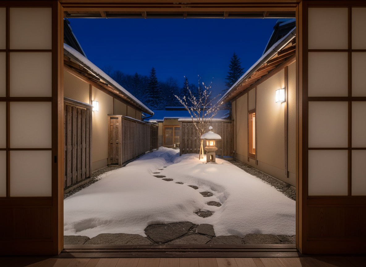 A tranquil night-time exterior of the Nagano guesthouse courtyard, enclosed by low wooden fences and the building’s soft beige walls. The ground is blanketed in fresh, untouched snow, with a small stone pathway partially visible and a traditional stone lantern emitting a warm, understated glow. Discreet wall-mounted lights illuminate subtle architectural details, while the sky is a deep indigo with faint outlines of snow-covered trees beyond the fence. Photographic realism, shot from a slightly elevated vantage point through an open sliding door, frames the courtyard as a peaceful, almost contemplative winter garden, evoking a sense of quiet luxury and retreat after a day in the snowy mountains.