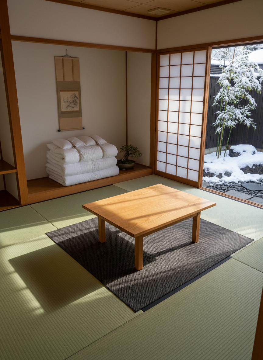 A meticulously arranged minimalist tatami room inside a Nagano guesthouse, with pale green tatami mats, a low natural-wood chabudai table, and neatly folded futon mattresses stacked in an alcove. A shoji screen opens to reveal a snowy garden outside, where powdery snow rests on slender bamboo and carefully placed stones. Soft, indirect afternoon light filters through the shoji, casting delicate geometric shadows across the mats. Captured in photographic realism from a slightly elevated corner angle, the composition emphasizes horizontal lines and open space, creating a calm, sophisticated and contemplative mood that reflects traditional Japanese aesthetics combined with modern comfort.