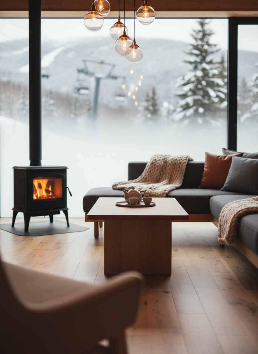 A cozy, contemporary living area of a Nagano ski guesthouse, featuring a long, low-profile gray fabric sofa with textured throw blankets, a rectangular oak coffee table, and a compact cast-iron fireplace with a visible orange glow. Frosted windows reveal blurred silhouettes of nearby ski lifts and snowy slopes outside. Warm pendant lighting from above combines with the fireplace’s soft flicker, casting gentle highlights on the wooden floor and subtle reflections on a simple ceramic tea set on the table. Photographic realism, shot at eye level with a shallow depth of field, creates an intimate, welcoming atmosphere that feels perfect for returning from a day on the slopes to rest and reconnect.