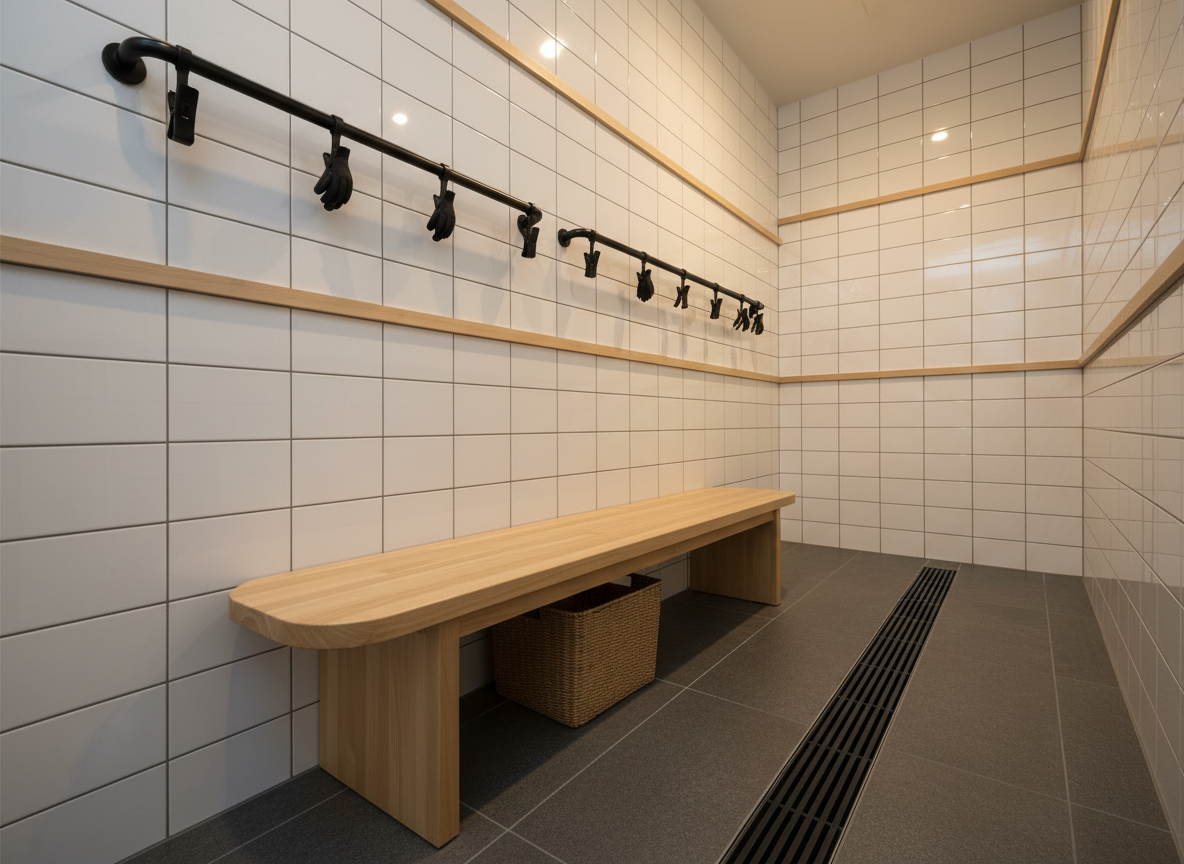 A stylish gear-drying corner inside the Nagano guesthouse, featuring a clean, white-tiled wall with horizontal wooden slats, a slim heated rail with neatly arranged empty ski glove clips, and a wooden bench with a woven storage basket beneath. A matte-black floor drain runs parallel to the wall, hinting at practicality after snowy days. Overhead, warm recessed lighting creates soft reflections on the tiles and casts gentle shadows from the slats, lending depth to the space. Photographic realism, composed from a slightly low angle, highlights the thoughtful integration of ski-trip functionality with a minimalist, sophisticated interior design aesthetic suitable for discerning winter travelers.